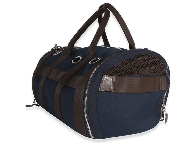 Transport pour chien Hermès en toile Navy PHW Marron Bleu - vue 3