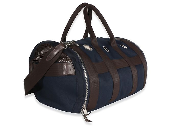 Transport pour chien Hermès en toile Navy PHW Marron Bleu - vue 4