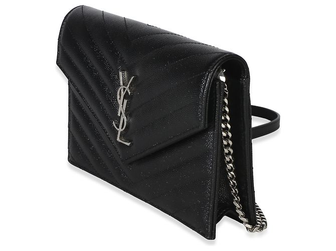 Autre Marque Saint Laurent Cassandre Envelope Chain Wallet aus schwarzem Grain De Poudre Leder - Ansicht 3