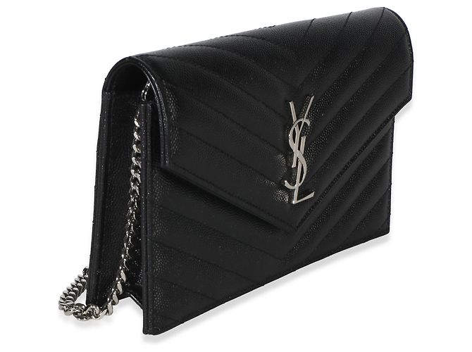 Autre Marque Saint Laurent Cassandre Envelope Chain Wallet aus schwarzem Grain De Poudre Leder - Ansicht 4