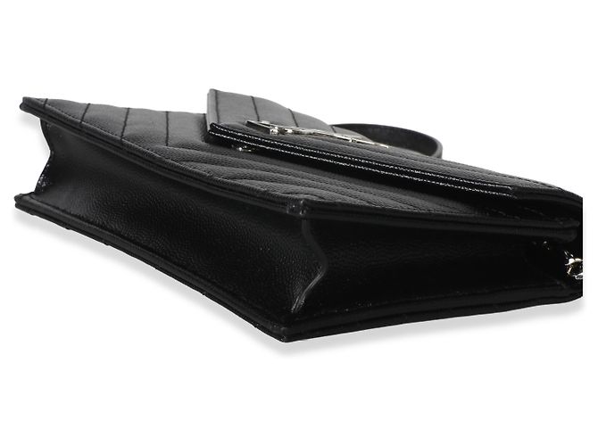 Autre Marque Saint Laurent Cassandre Envelope Chain Wallet aus schwarzem Grain De Poudre Leder - Ansicht 6