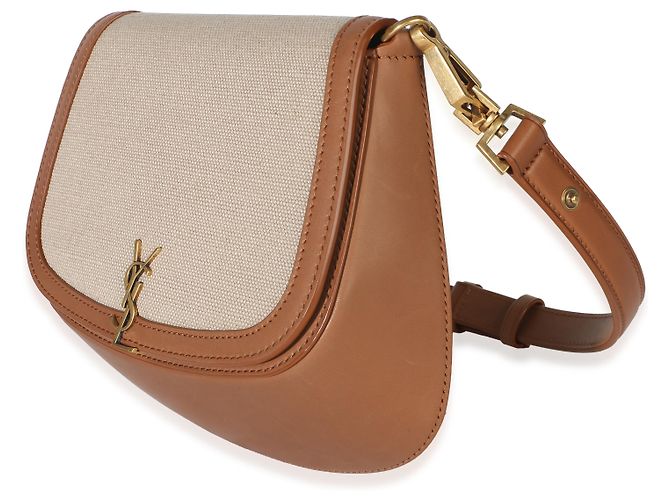 Autre Marque Borsa Mini Voltaire con manico Saint Laurent in tela e pelle di vitello Natural Tan Marrone Beige - vista 3