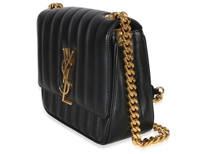 Autre Marque Saint Laurent Vicky Medium Kettentasche aus schwarzem gestepptem Lammleder mit Monogramm - Ansicht 2