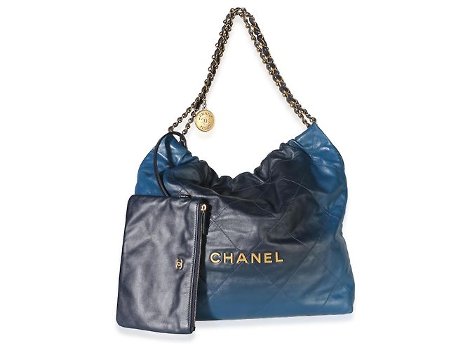 Bolsa Hobo Chanel 22 Média em Pele de Bezerro Acolchoada Azul Sombreada Chanel - vista 5