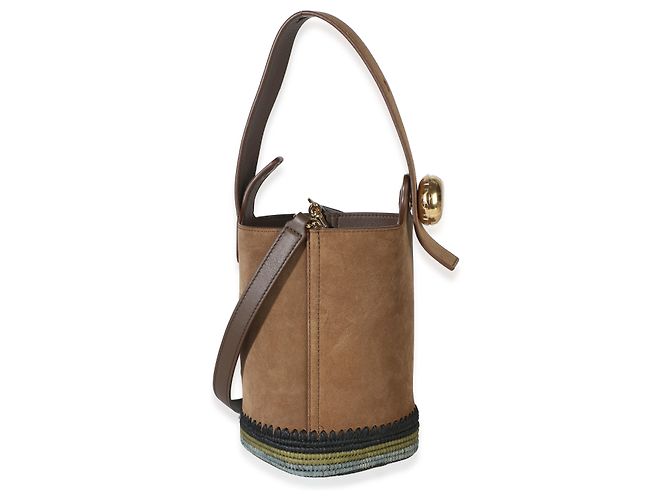 Mini borsa secchiello Pebble Loewe in camoscio marrone e strisce di rafia - vista 2