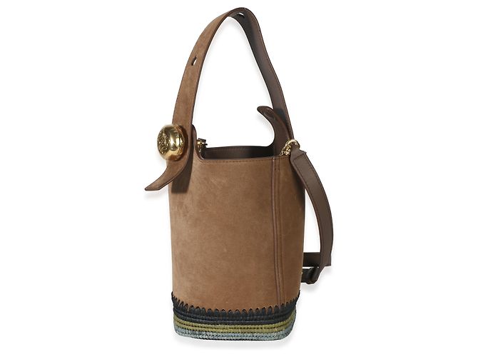 Mini borsa secchiello Pebble Loewe in camoscio marrone e strisce di rafia - vista 3