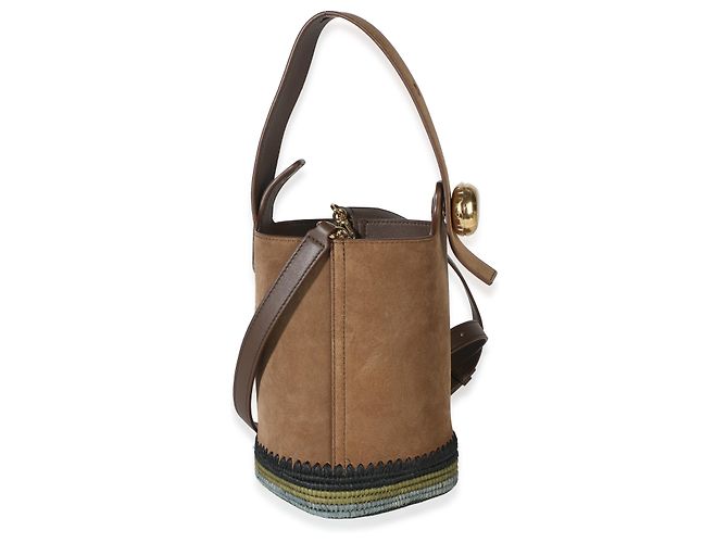 Mini borsa secchiello Pebble Loewe in camoscio marrone e strisce di rafia - vista 4