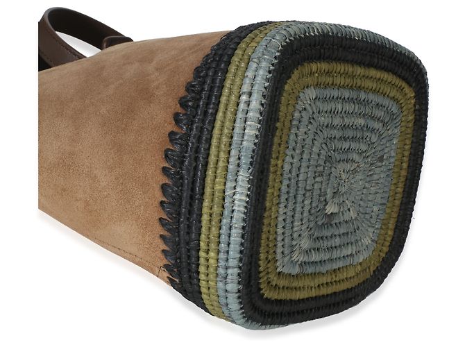 Mini borsa secchiello Pebble Loewe in camoscio marrone e strisce di rafia - vista 5