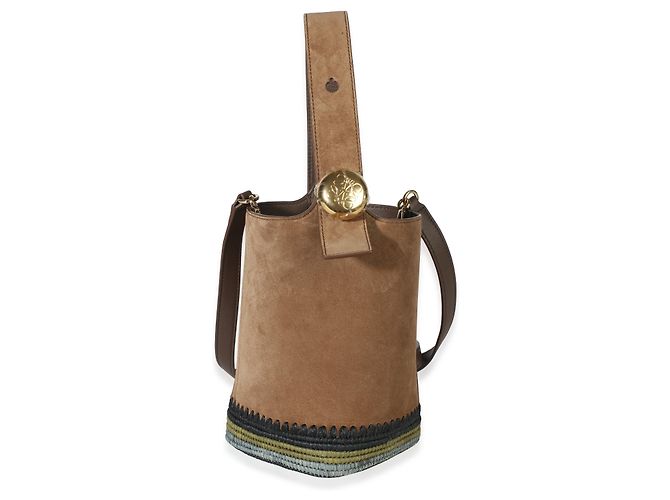 Mini borsa secchiello Pebble Loewe in camoscio marrone e strisce di rafia - vista 8