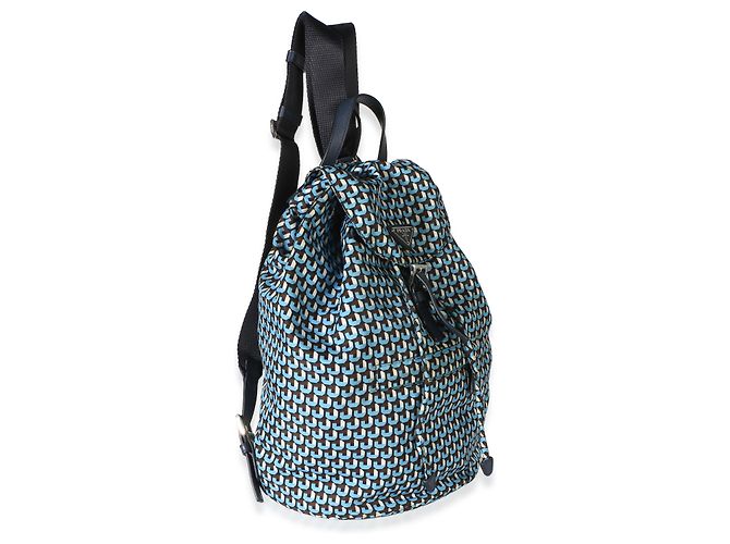 Prada Blue Geometric Print Nylon Tessuto Drawstring Logo Backpack - view 4