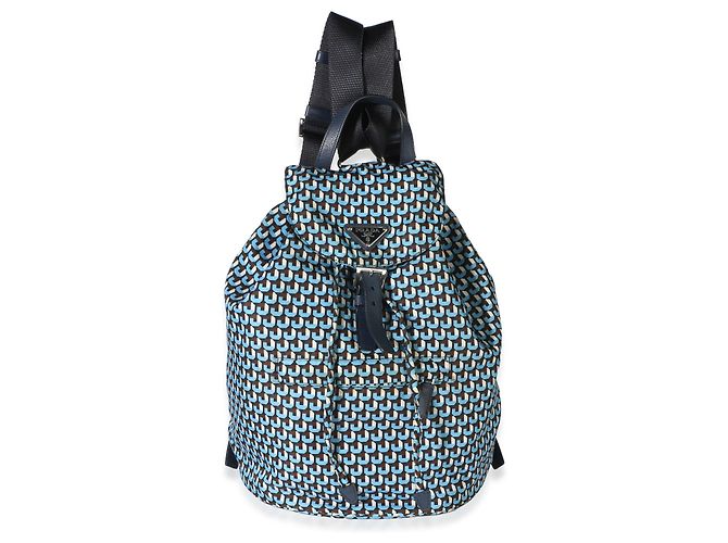 Prada Blue Geometric Print Nylon Tessuto Drawstring Logo Backpack - view 8