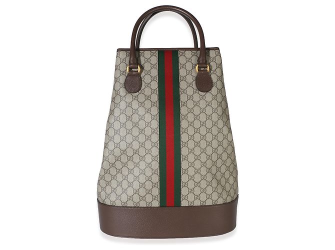 Borsa Duffel Gucci Beige GG Supreme Canvas Textured Dollar Calfskin Web Savoy Top Handle - vista 2