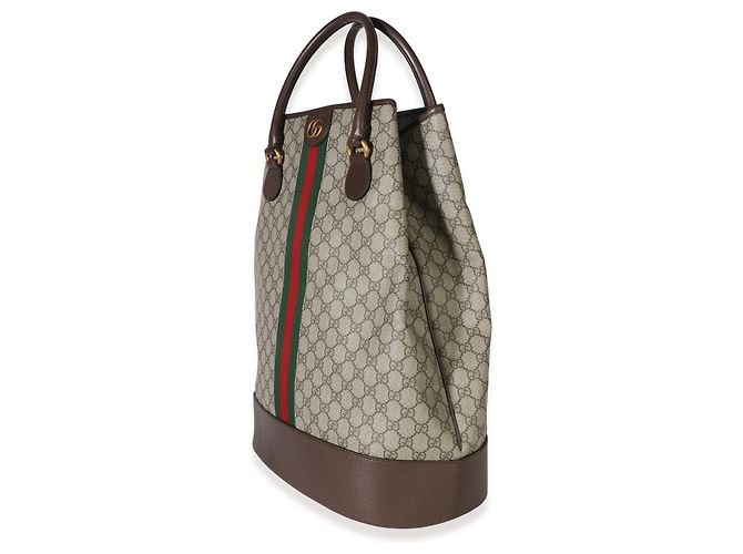 Borsa Duffel Gucci Beige GG Supreme Canvas Textured Dollar Calfskin Web Savoy Top Handle - vista 3