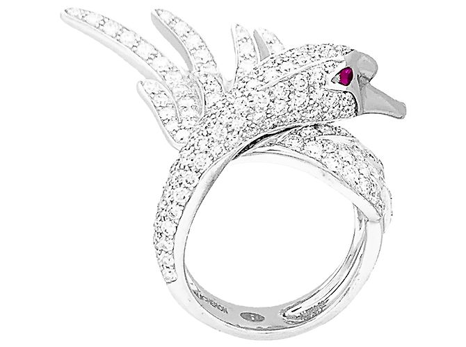 Boucheron Ring, "Sammlungs Tiere: "Cypris, der Schwan", Weißgold, Diamanten, Rubine. - Ansicht 2