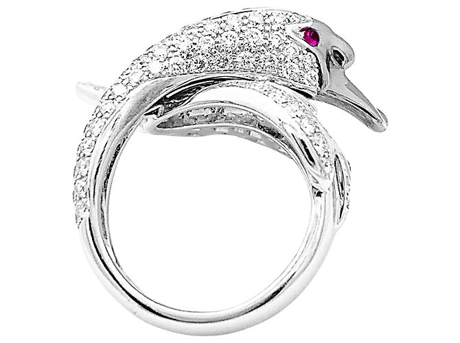 Boucheron Ring, "Sammlungs Tiere: "Cypris, der Schwan", Weißgold, Diamanten, Rubine. - Ansicht 3