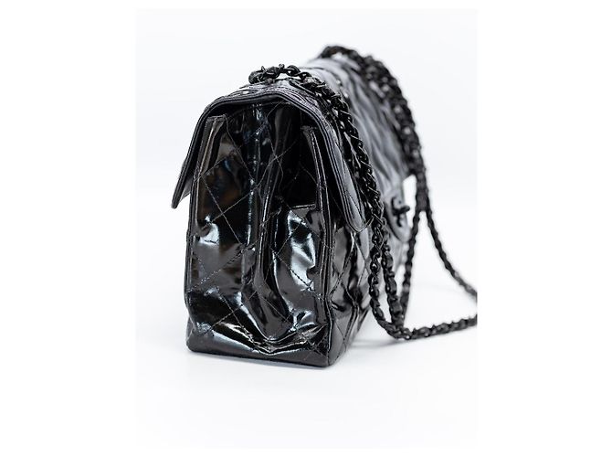 CHANEL Vintage Double/Two Face Maxi 30 – Pelle verniciata nera – Hardware annerito – All Black - vista 4