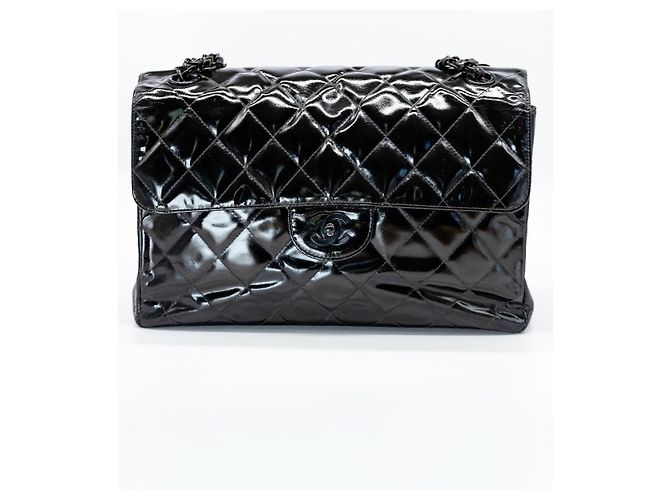 CHANEL Vintage Double/Two Face Maxi 30 – Pelle verniciata nera – Hardware annerito – All Black - vista 5