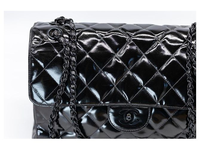 CHANEL Vintage Double/Two Face Maxi 30 – Pelle verniciata nera – Hardware annerito – All Black - vista 8