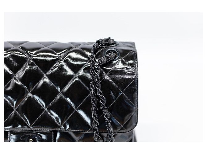 CHANEL Vintage Double/Two Face Maxi 30 – Pelle verniciata nera – Hardware annerito – All Black - vista 9