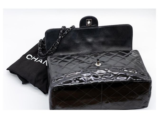 CHANEL Vintage Double/Two Face Maxi 30 – Pelle verniciata nera – Hardware annerito – All Black - vista 14