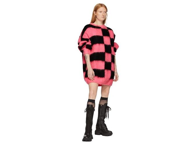 MSGM Pink and Black Checkered Mohair Blend Sweater Dress - view 2