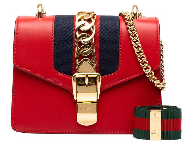 Borsa Gucci Red Mini Calfskin Web Sylvie Chain Satchel Rosso - vista 7