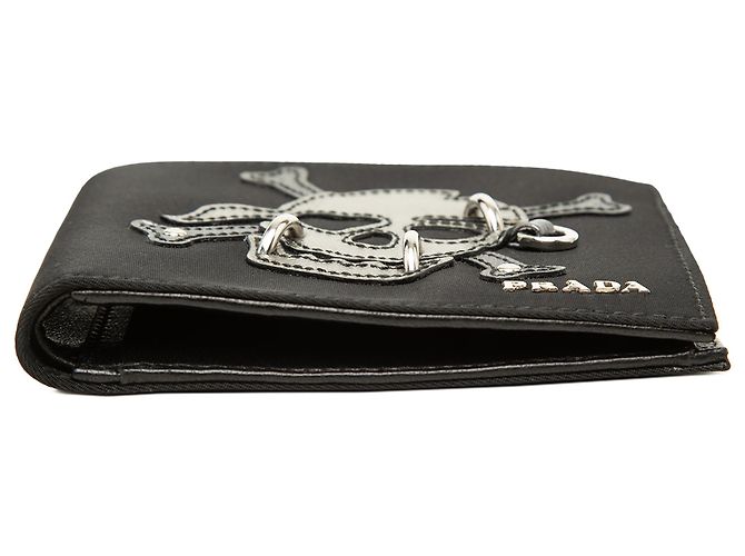 Cartera bifold Prada de Tessuto patchwork negro con calavera perforada - vista 3