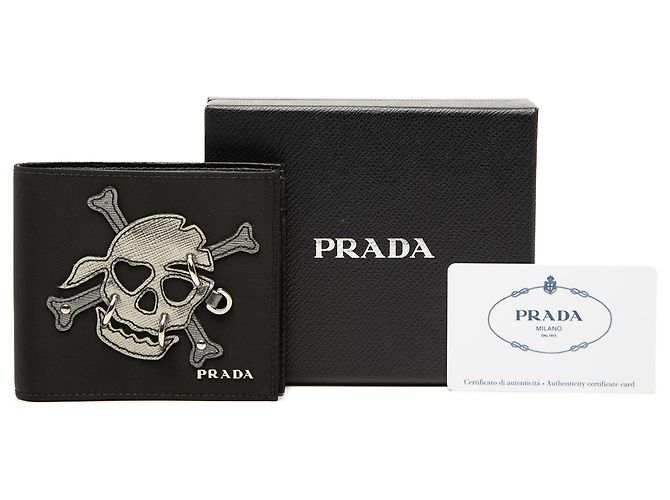 Cartera bifold Prada de Tessuto patchwork negro con calavera perforada - vista 8