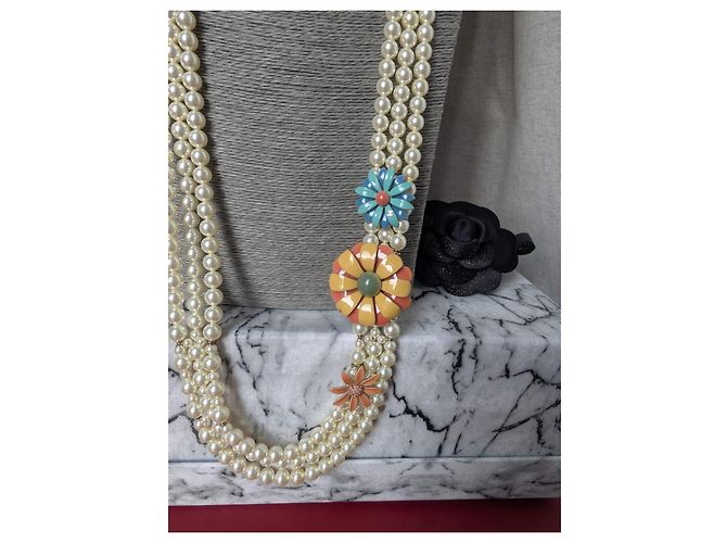 Collier Chanel multi-rangs en perles et fleurs émaillées Blanc Multicolore - vue 13