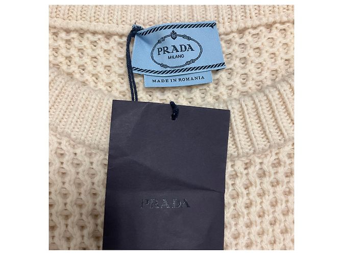Pull à col rond en maille de laine et cachemire à manches longues Prada Cream - vue 4