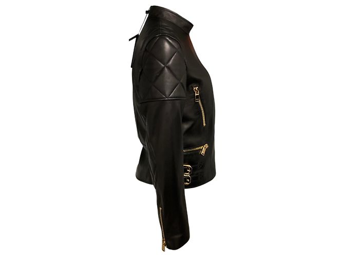 Veste Biker Versace en cuir d'agneau noir - vue 2