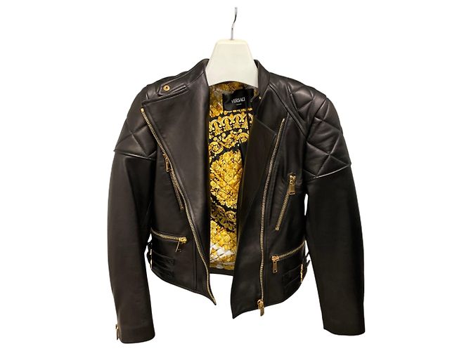 Veste Biker Versace en cuir d'agneau noir - vue 6