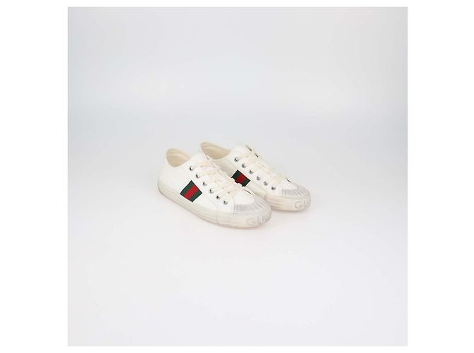 Sneakers basse Gucci Julio in tela bianca con banda Web - vista 2