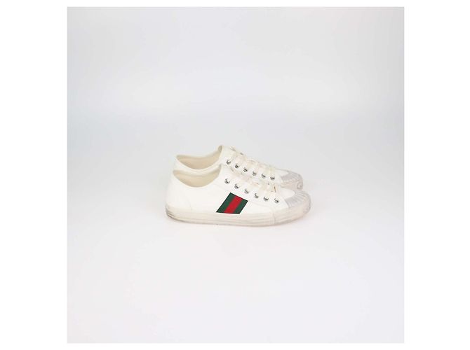 Sneakers basse Gucci Julio in tela bianca con banda Web - vista 3