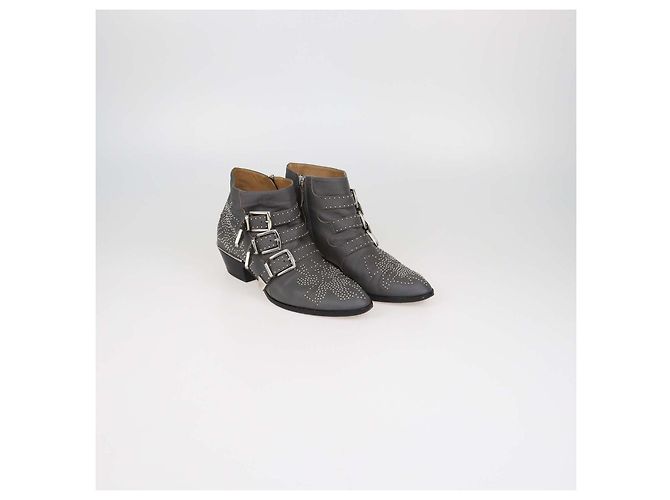 Chloé Chloe Grey Leather Studded Suzanna Ankle Boots - view 2