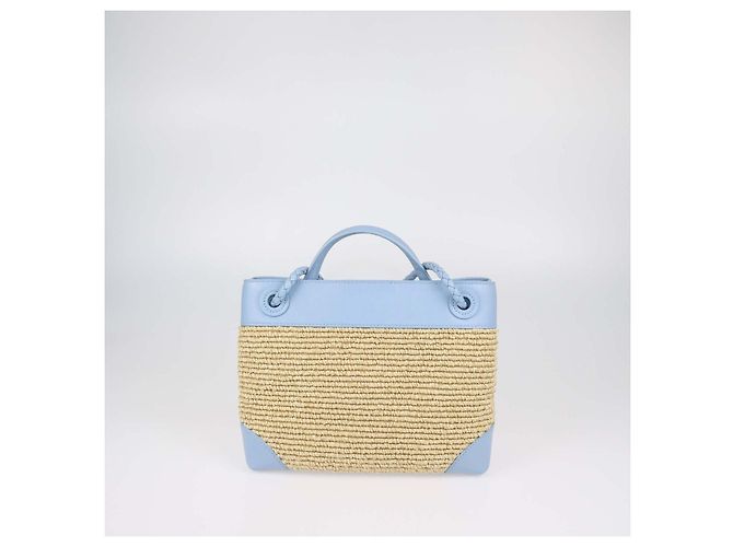 Bottega Veneta Light Blue, Natural Raffia and Leather Small Andiamo Tote - vista 3