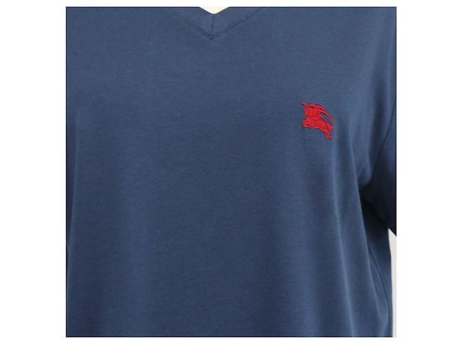 T-shirt Burberry blu navy in cotone con logo ricamato e scollo a V - vista 4