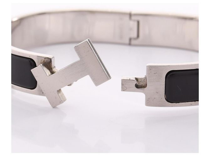 Hermès Clic H Armreif Schwarz Silber Emaille Edelstahl - Ansicht 3