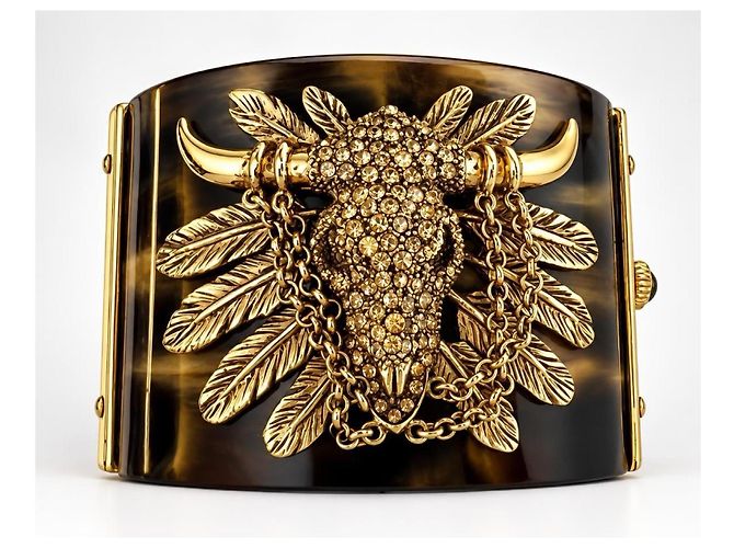 Bracciale Cuff Vintage Roberto Cavalli Brown Western BullHead con Catena - vista 2