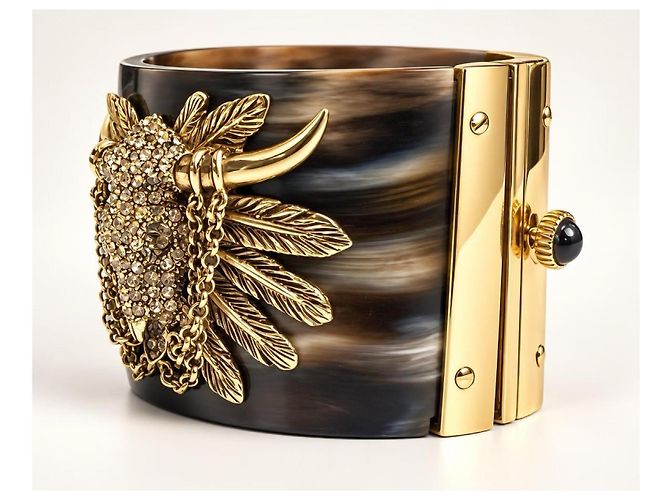 Bracciale Cuff Vintage Roberto Cavalli Brown Western BullHead con Catena - vista 4