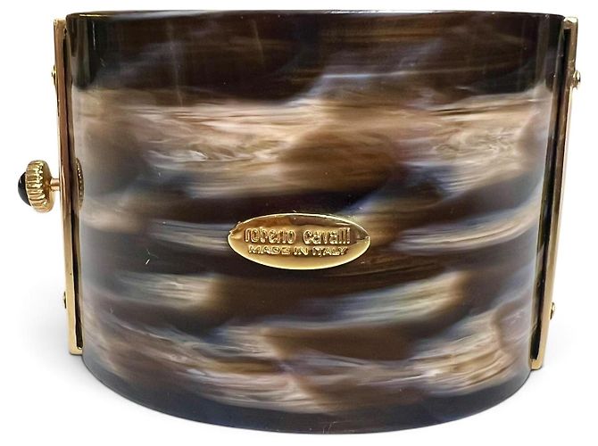 Bracciale Cuff Vintage Roberto Cavalli Brown Western BullHead con Catena - vista 7