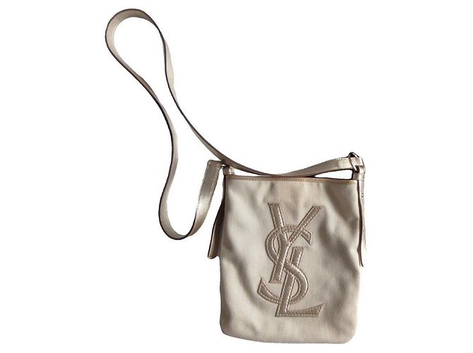 Borsa a tracolla Yves Saint Laurent in tela beige e pelle dorata - vista 2