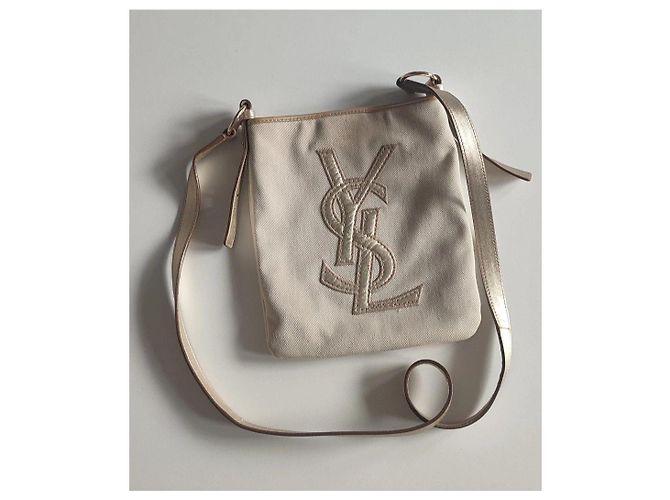 Borsa a tracolla Yves Saint Laurent in tela beige e pelle dorata - vista 3