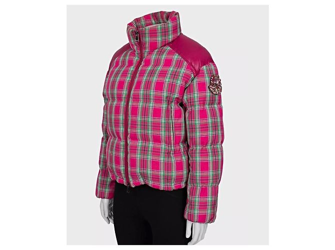 Moncler rosa karierte Daunenjacke mit Kristalldetails XXS US 0 gebraucht - Ansicht 2