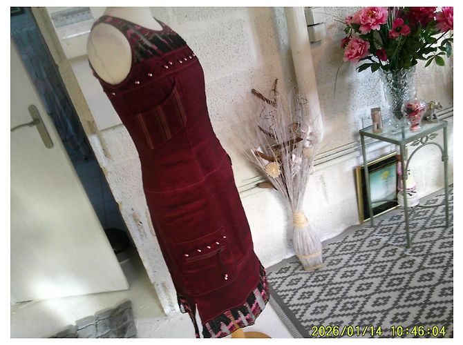 inconnue O.K.S. Leinenkleid bordeauxrot Karomuster kurz - Ansicht 2