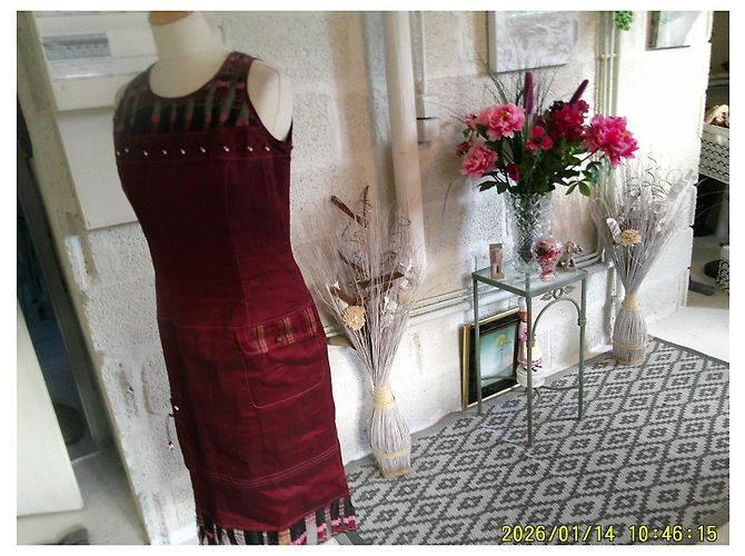 inconnue O.K.S. Leinenkleid bordeauxrot Karomuster kurz - Ansicht 3