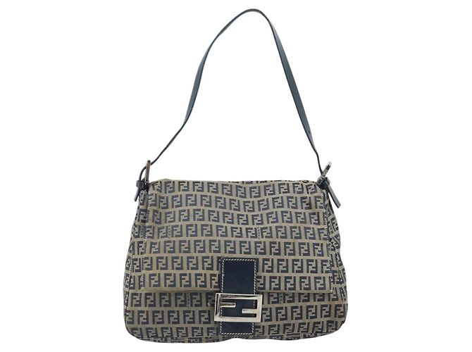 FENDI Zucchino Canvas Mamma Baguette Shoulder Bag Navy Silver - vista 13