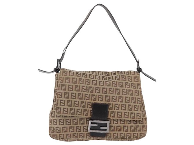 FENDI Zucchino Canvas Mamma Baguette Shoulder Bag Brown - vista 13
