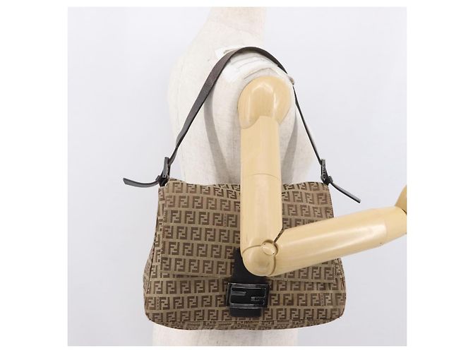 FENDI Zucchino Canvas Mamma Baguette Shoulder Bag Brown - vista 25