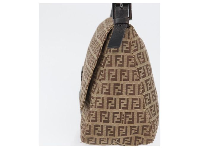 FENDI Zucchino Canvas Mamma Baguette Shoulder Bag Brown - vista 3